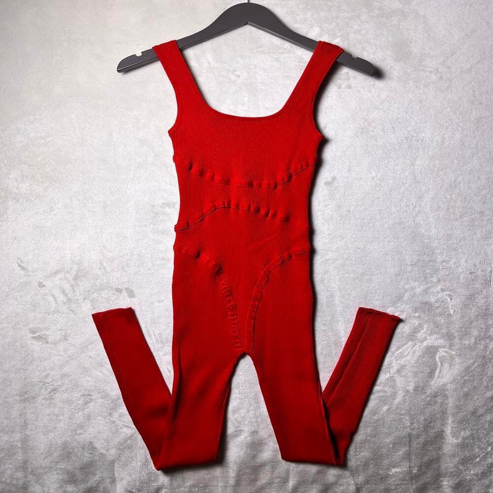 Daisy Red Ribbed Bodycon Jumpsuit Women's M Casual Tank Sleeveless Bodysuit